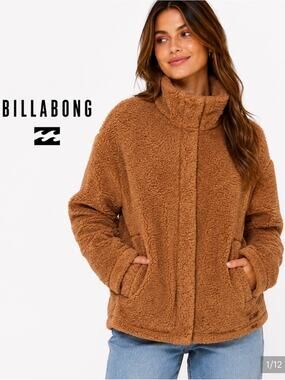 Billabong Camel. plush sherpa teddy snap front mock neck cozy winter coat sz L